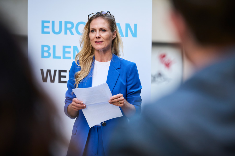 Female finance entrepreneur Nadine Jürgensen sharing insights on food in Europe.
